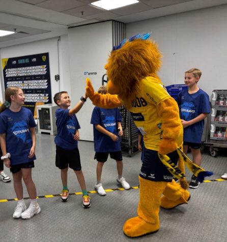 Abklatschen mit dem Maskottchen „Conny“ der Rhein-Neckar Löwen